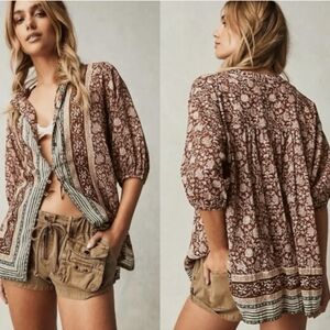 We The Free Brown Floral Button-Front Boho Blouse